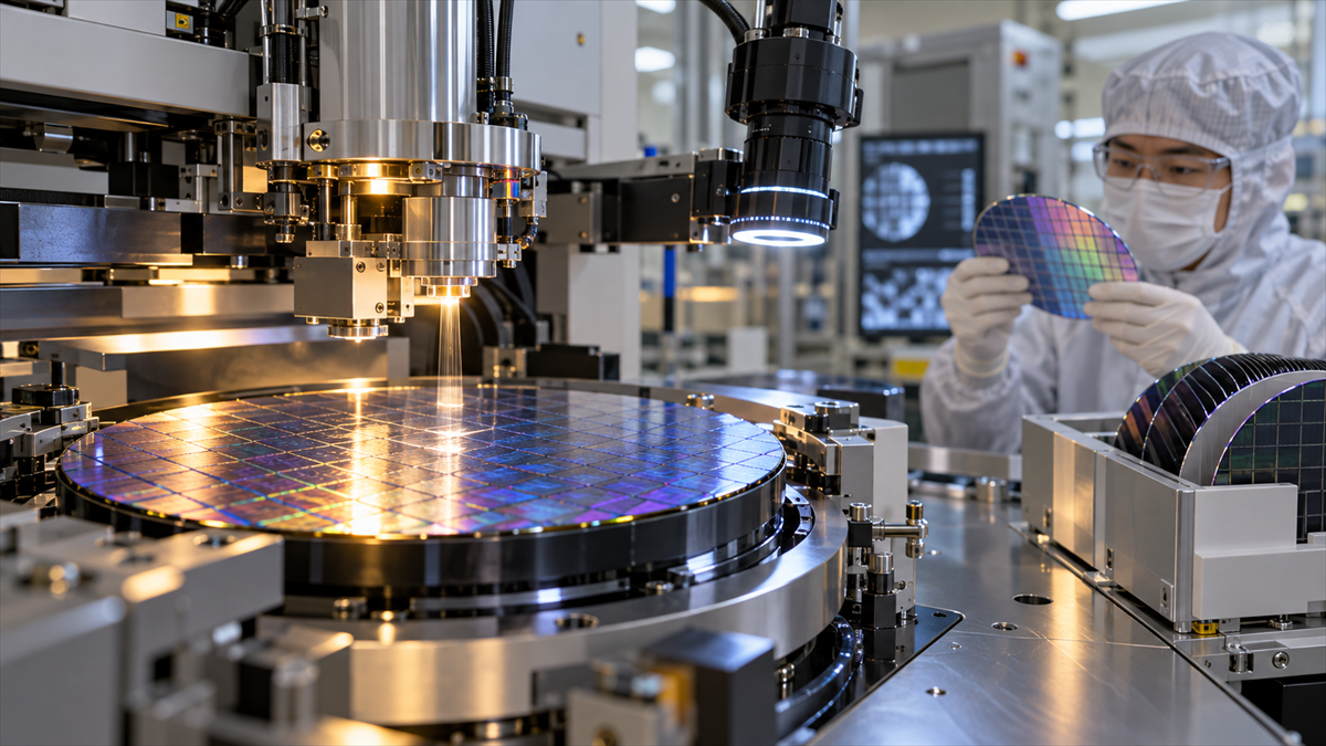 PV cell manufacturing process with an engineer reviewing wafer samples and sensor feedback