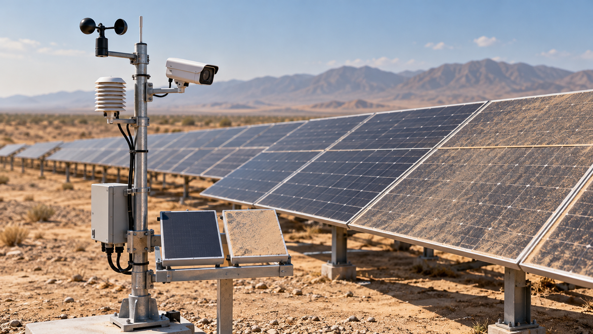 Dusty photovoltaic rows beside clean and dusted reference surfaces with weather sensors