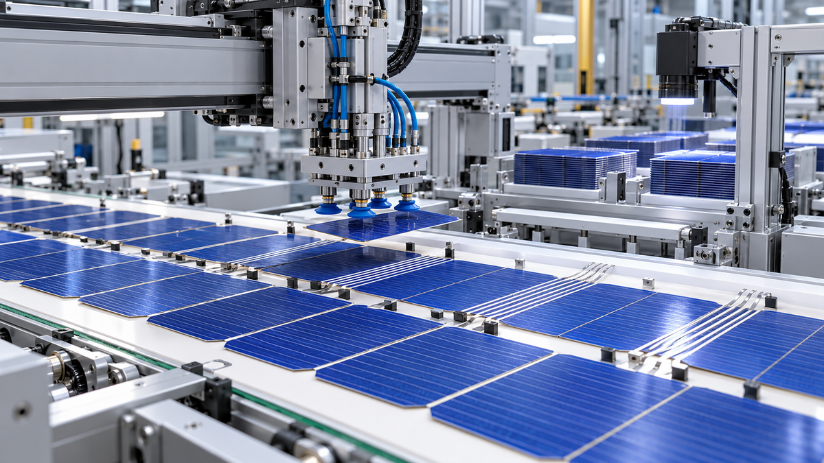 Robotic gantry aligning blue solar cells and interconnect ribbons in a PV manufacturing workcell