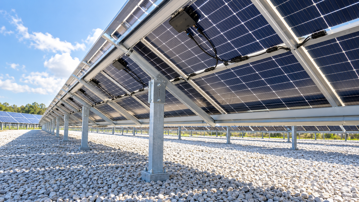 Rear cells of elevated bifacial modules above pale gravel with open ground exposure