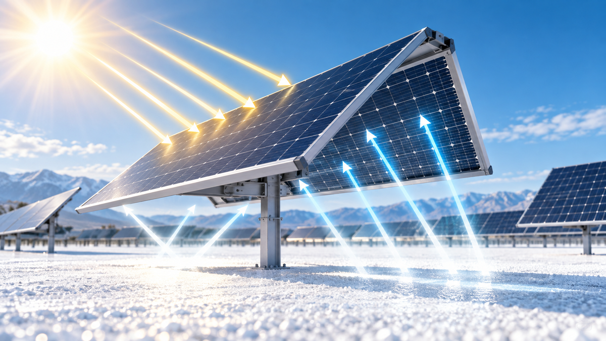 Bifacial photovoltaic module receiving front and rear reflected light in a solar field