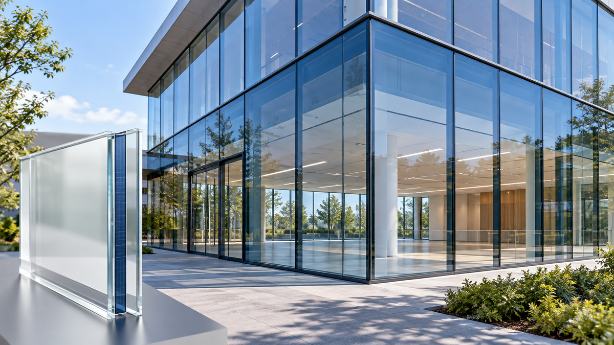 Semi-transparent photovoltaic glazing in a building facade with a thin-layer glass cross section