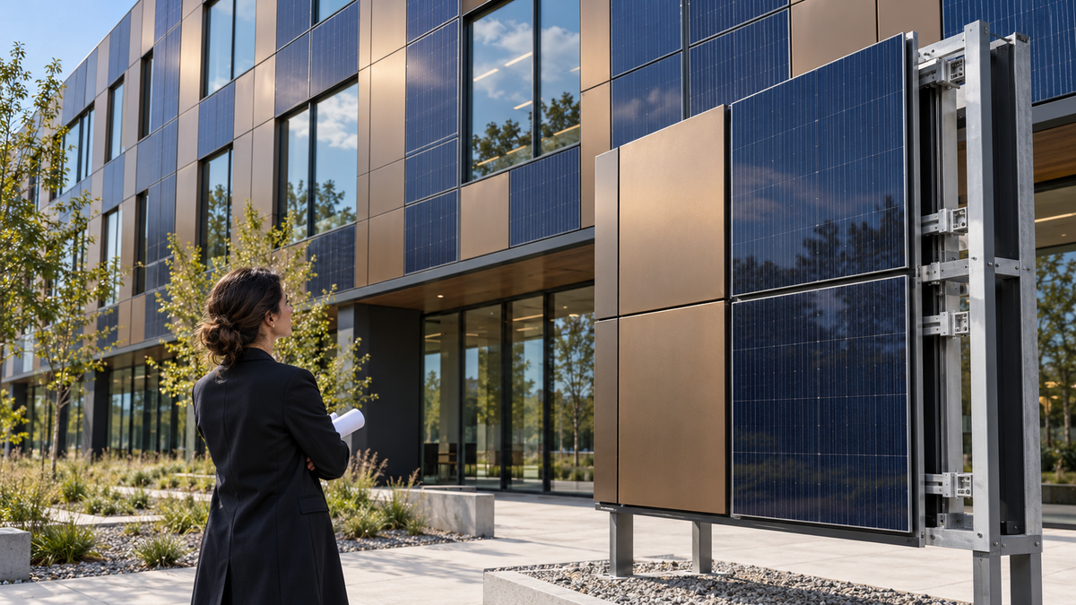 Photovoltaic facade and a freestanding cladding mock-up showing colour and attachment detail