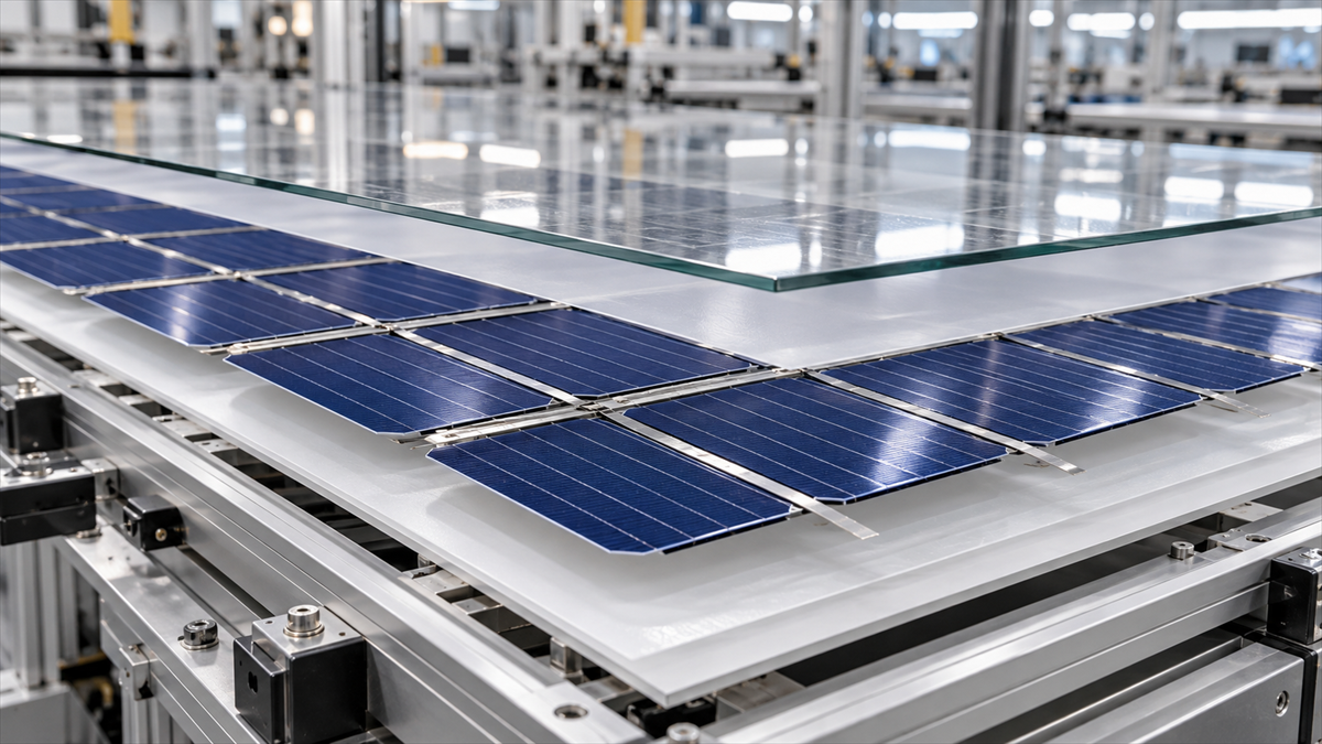PV module assembly with cells, interconnects, glass and encapsulant layers