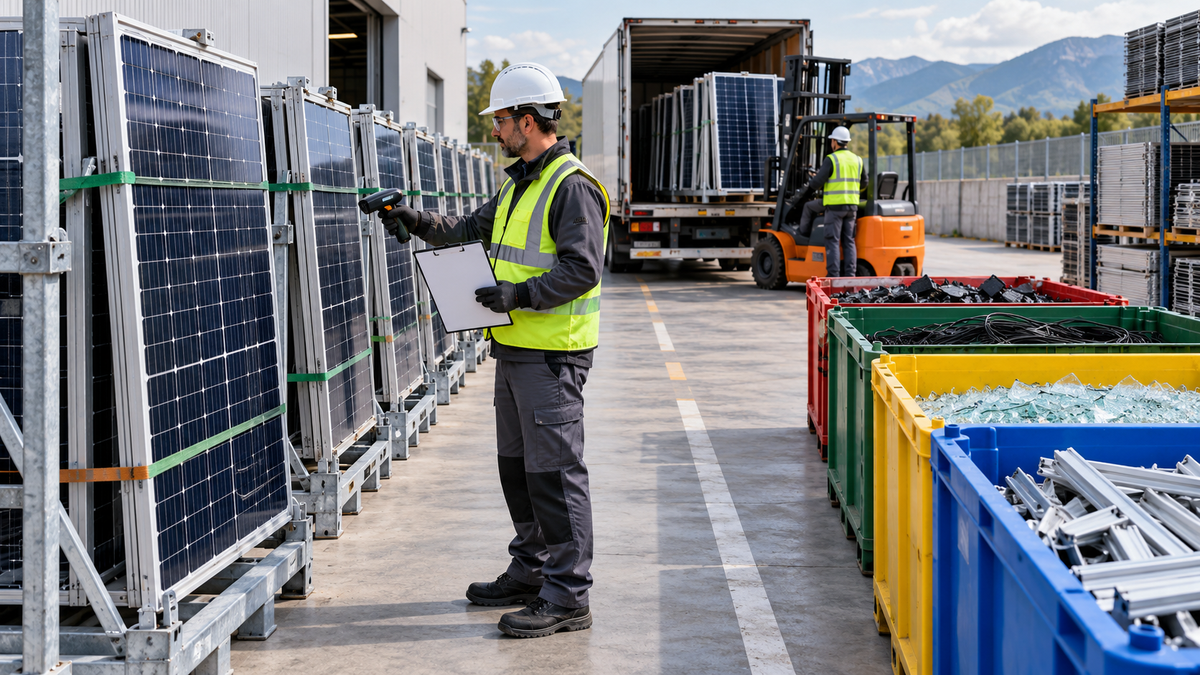 Retired PV modules secured for collection with an inspector recording their handoff