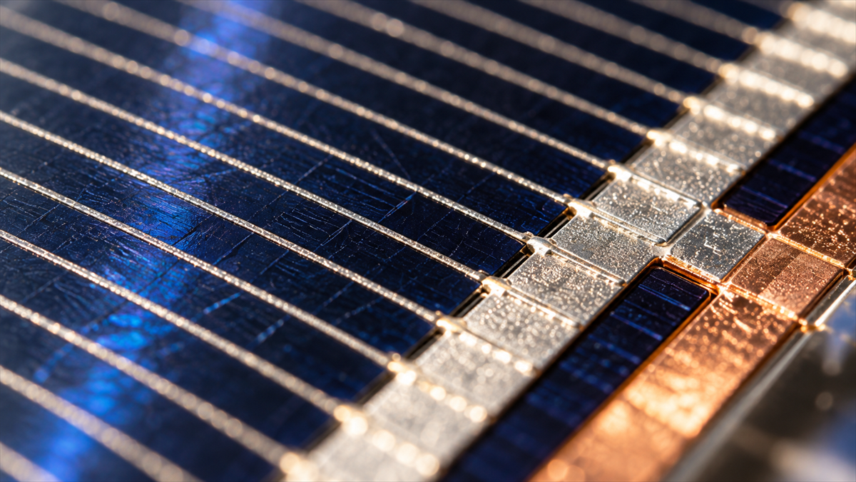 Macro view of copper and silver-coated contact fingers on a silicon solar cell