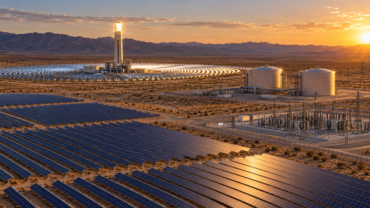 PV arrays beside a concentrating-solar tower, thermal-storage tanks and an electrical substation