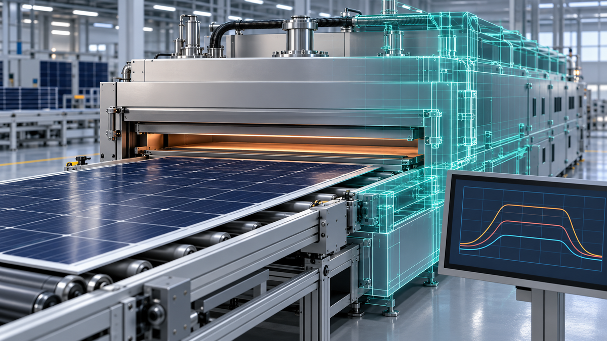 PV laminator with a matching wireframe model and an abstract process-curve display