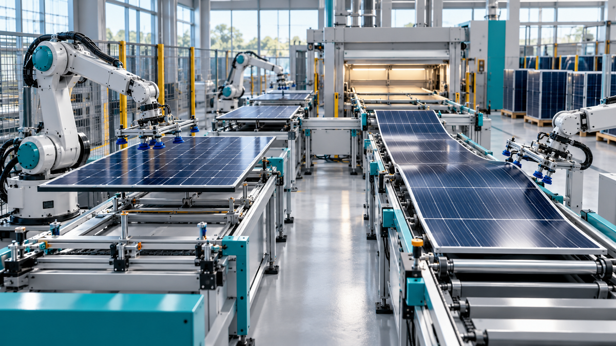 Robotic PV manufacturing workcell handling different module formats on adjustable fixtures