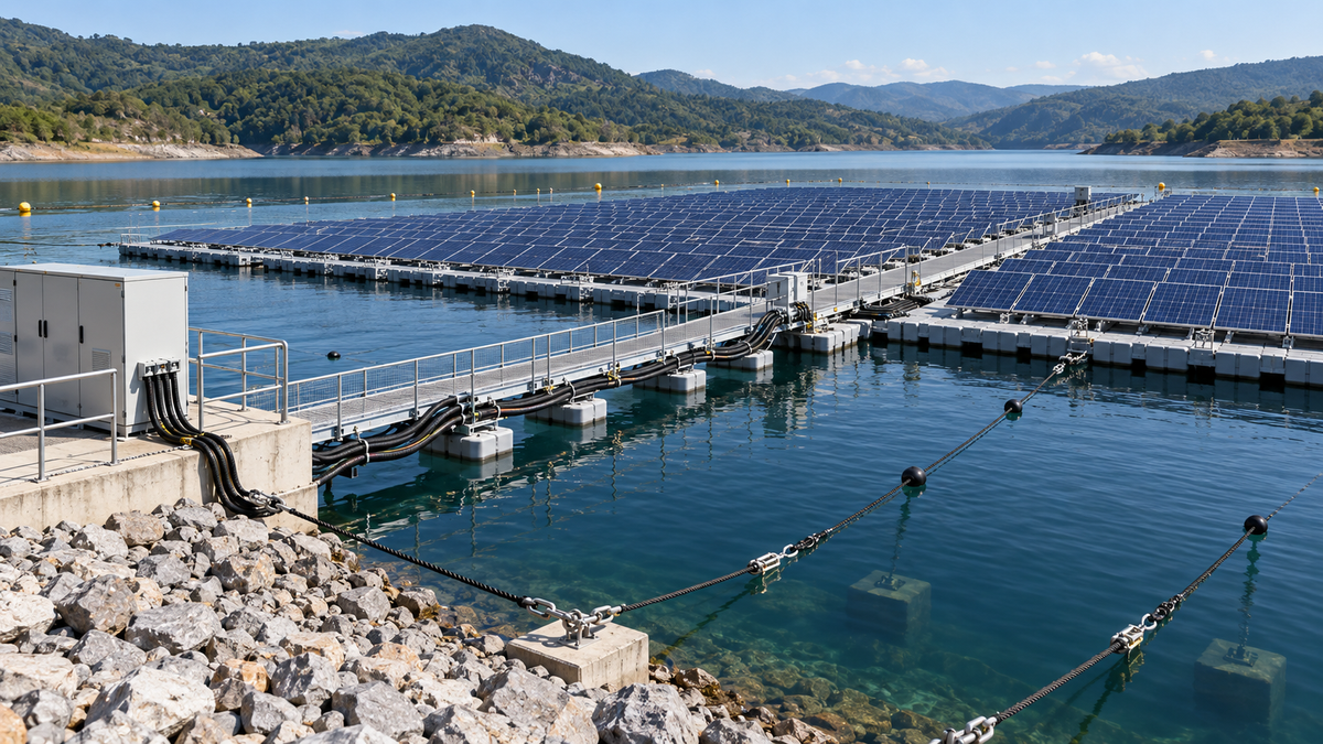Floating photovoltaic rows with mooring lines, flexible cable routes and a service walkway