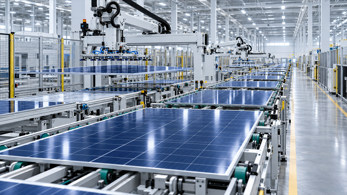 Wide automated HJT module production line with solar panels on conveyors