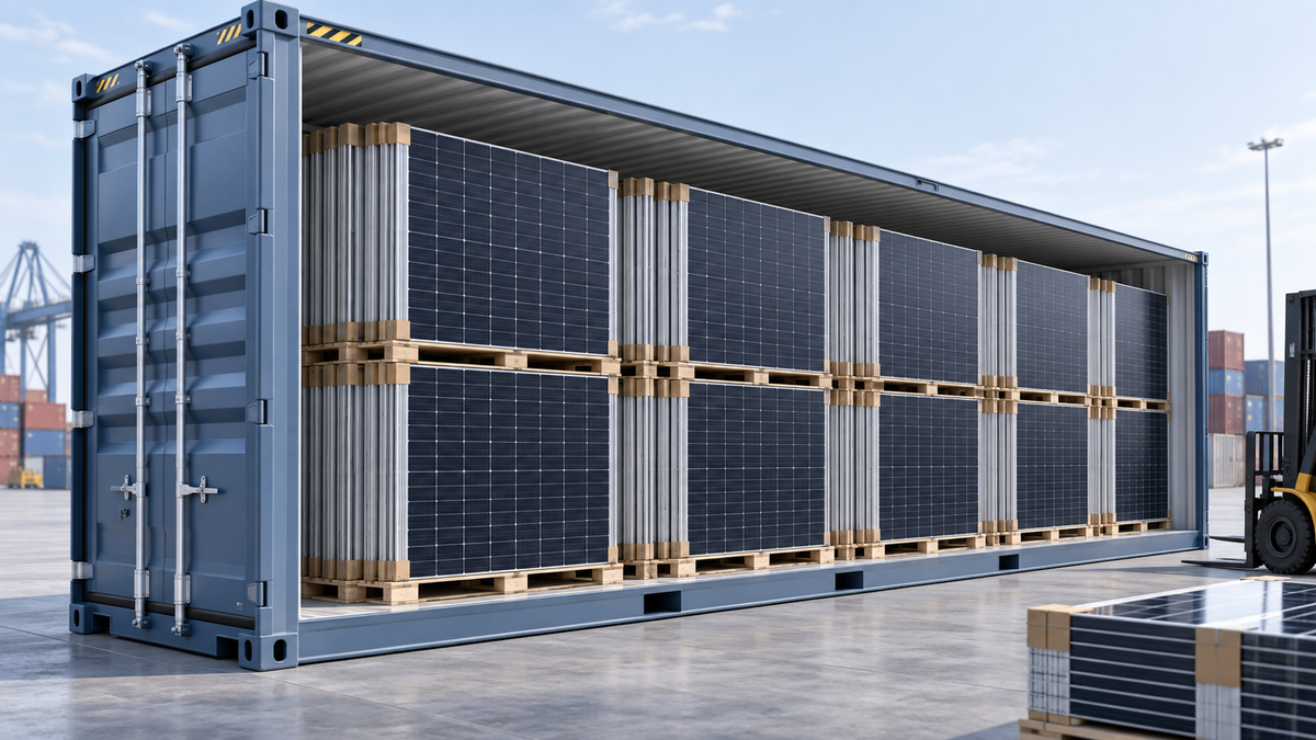 Large rectangular photovoltaic modules packed inside a shipping container