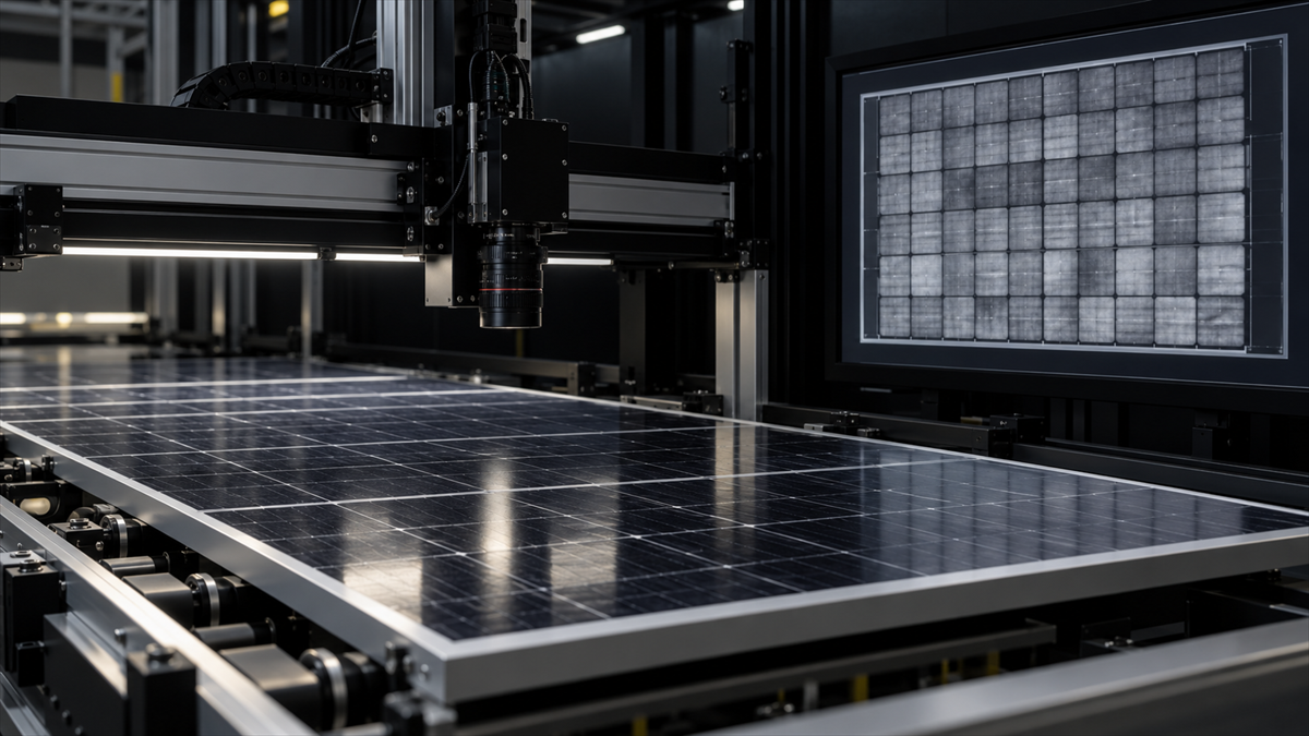 Electroluminescence inspection station examining a PV module for cell defects
