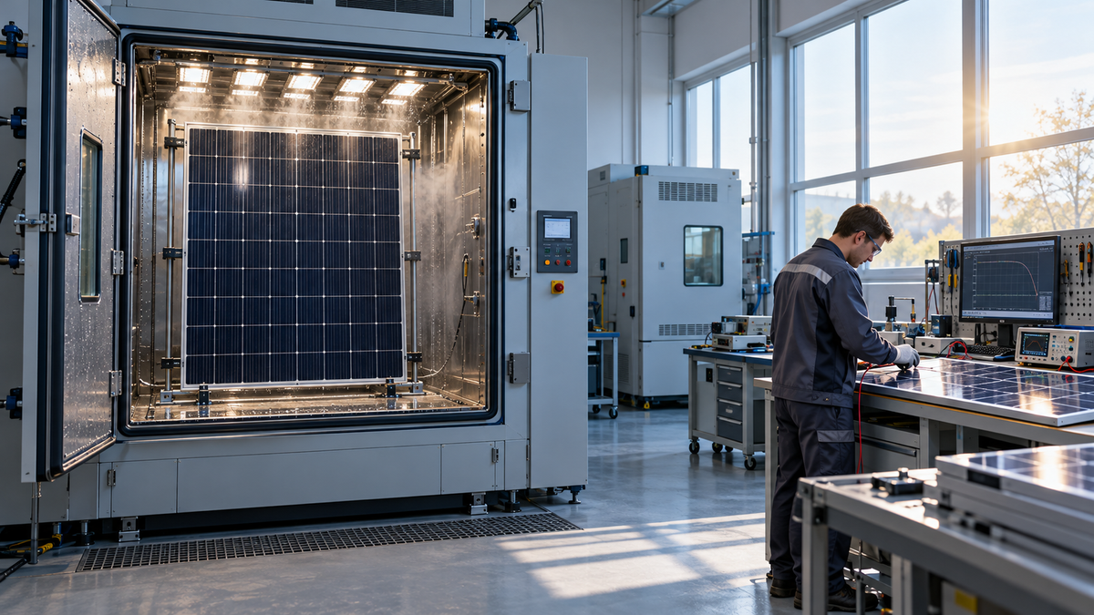 Photovoltaic module in an environmental test chamber beside an inspection bench