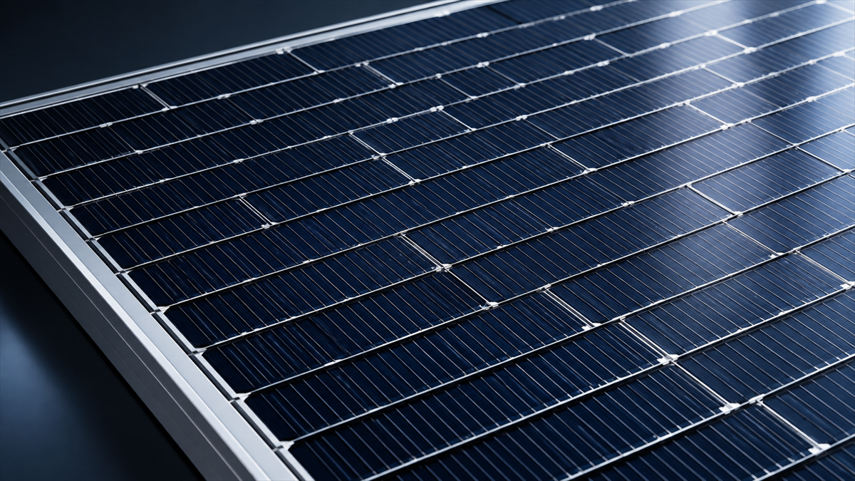 Close view of narrow-cut photovoltaic cell segments beneath module glass