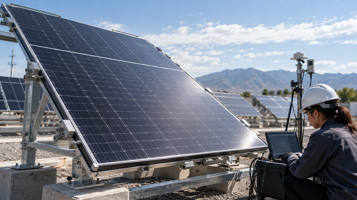 Large tandem photovoltaic module on an outdoor test rack