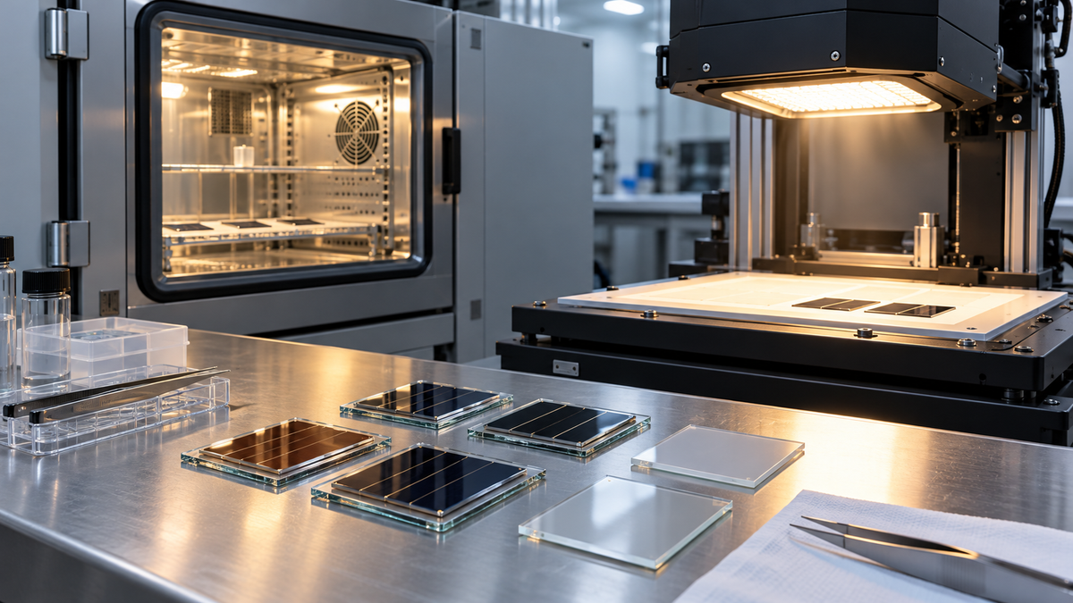 Encapsulated perovskite test coupons beside an ageing chamber and a solar simulator
