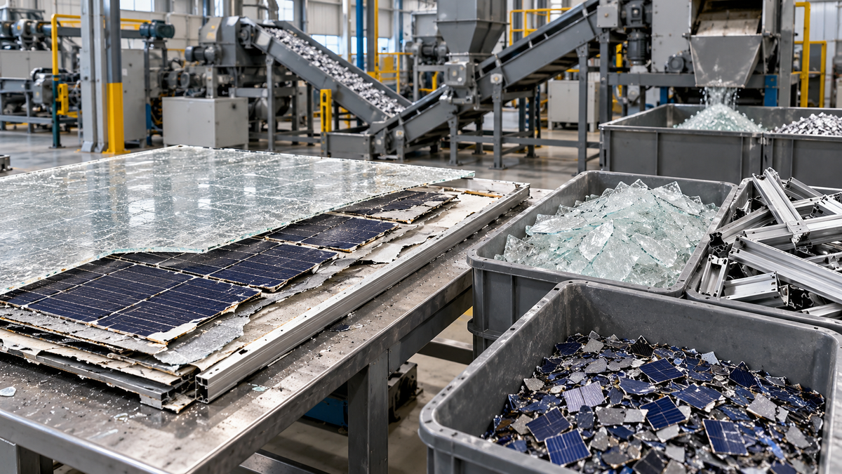 Dismantled PV laminate beside sorted glass, aluminum frames and silicon cell fragments