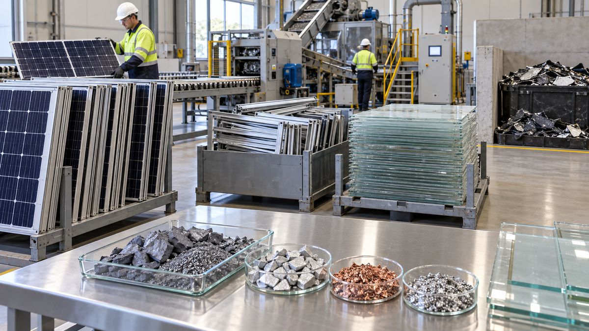 Retired PV modules, separated frames and glass, and recovered-material samples in a recycling facility