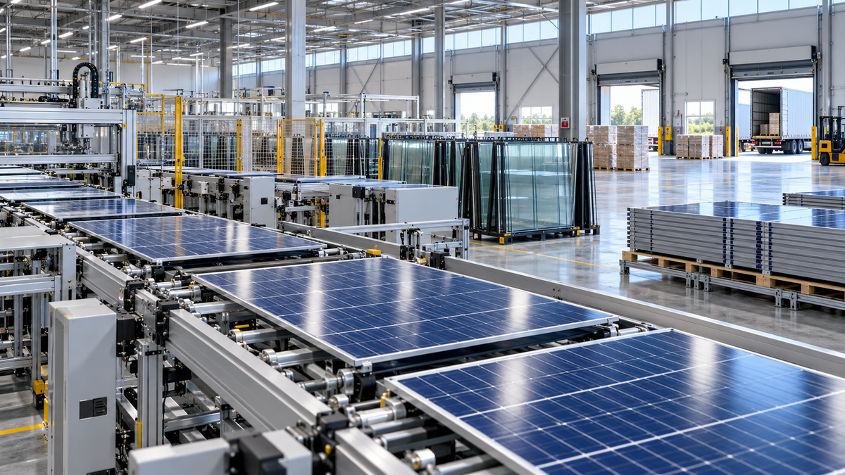 PV module assembly conveyors, glass racks and logistics bays within a manufacturing facility
