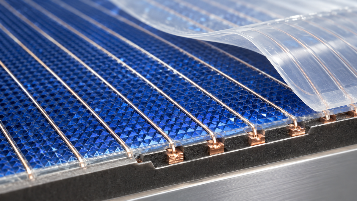 Fine metallic interconnection wires over blue silicon cells with a transparent carrier film