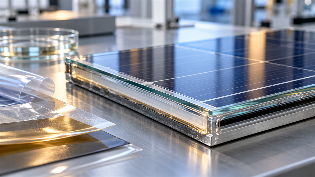 Close-up of a layered tandem PV module edge seal on a laboratory bench