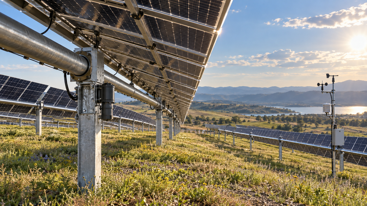 Bifacial tracker rows showing rear exposure, drive supports and a weather-monitoring mast