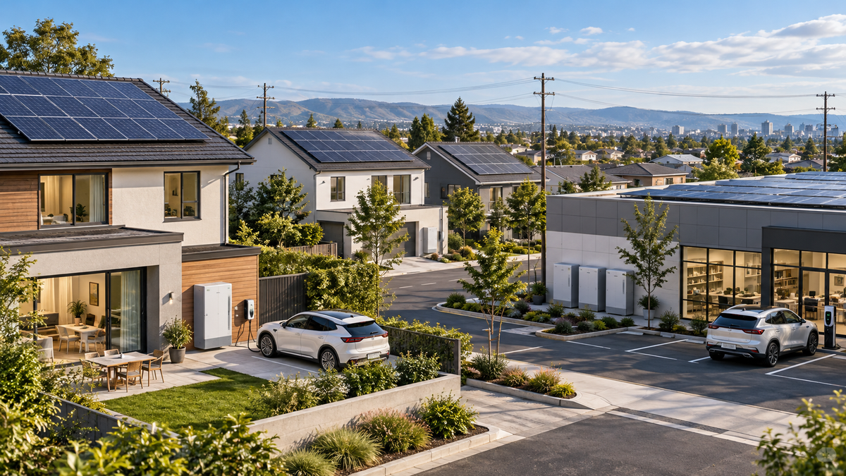 Neighbourhood rooftop PV, battery cabinets and an electric vehicle connected through a distribution network