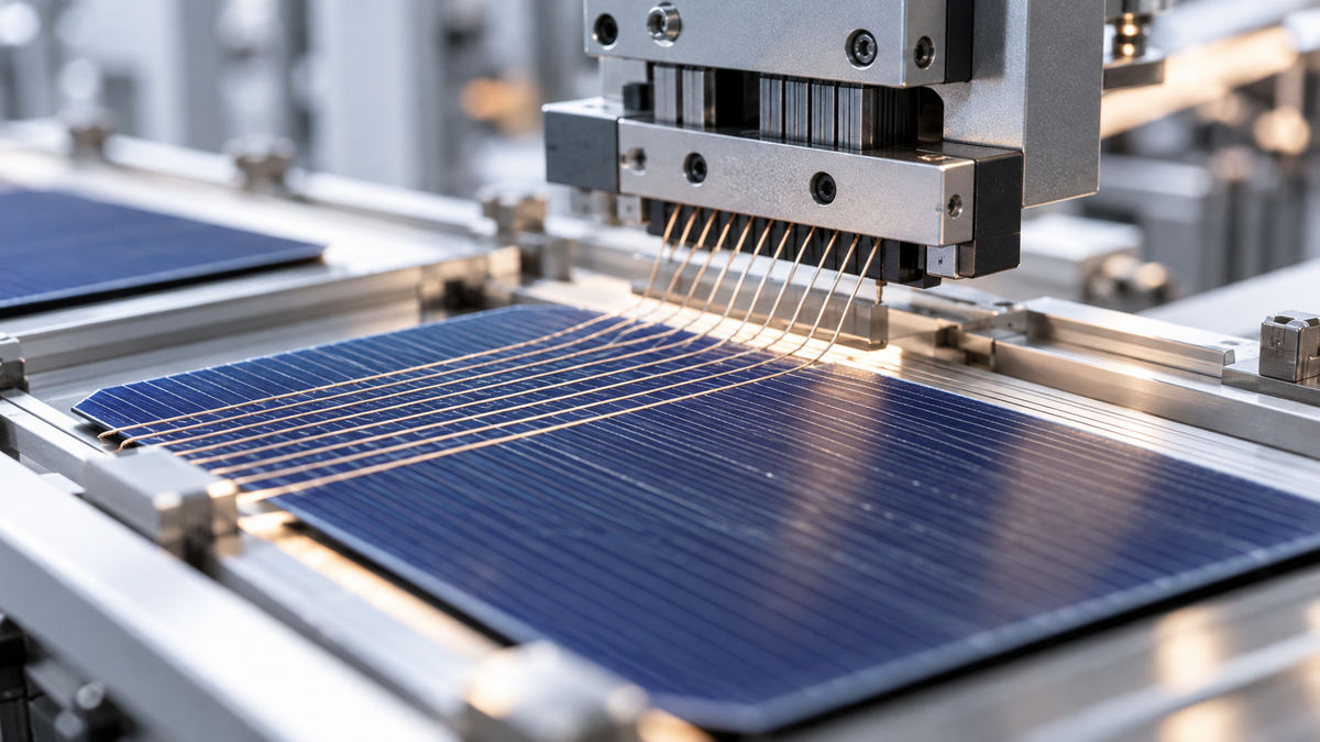 Close technical view of zero-busbar solar cell interconnection