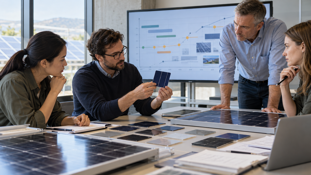 Solar technology specialists review unbranded photovoltaic modules in a conference setting.