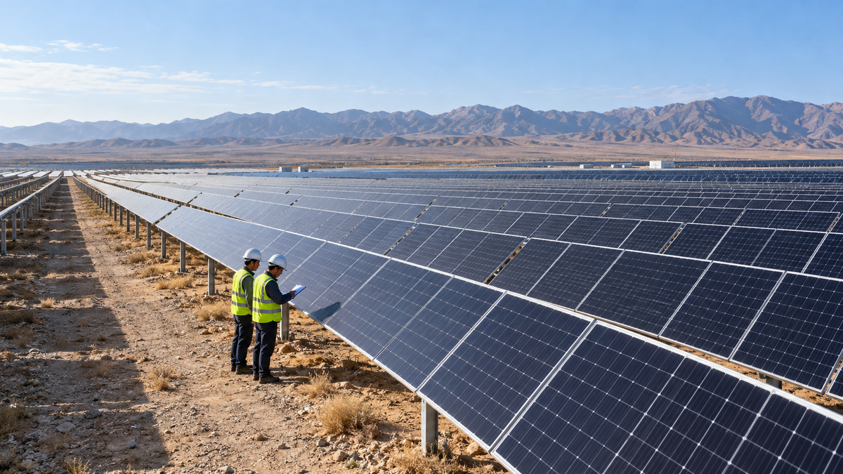 A large photovoltaic installation stretches across a dry landscape under a clear sky.