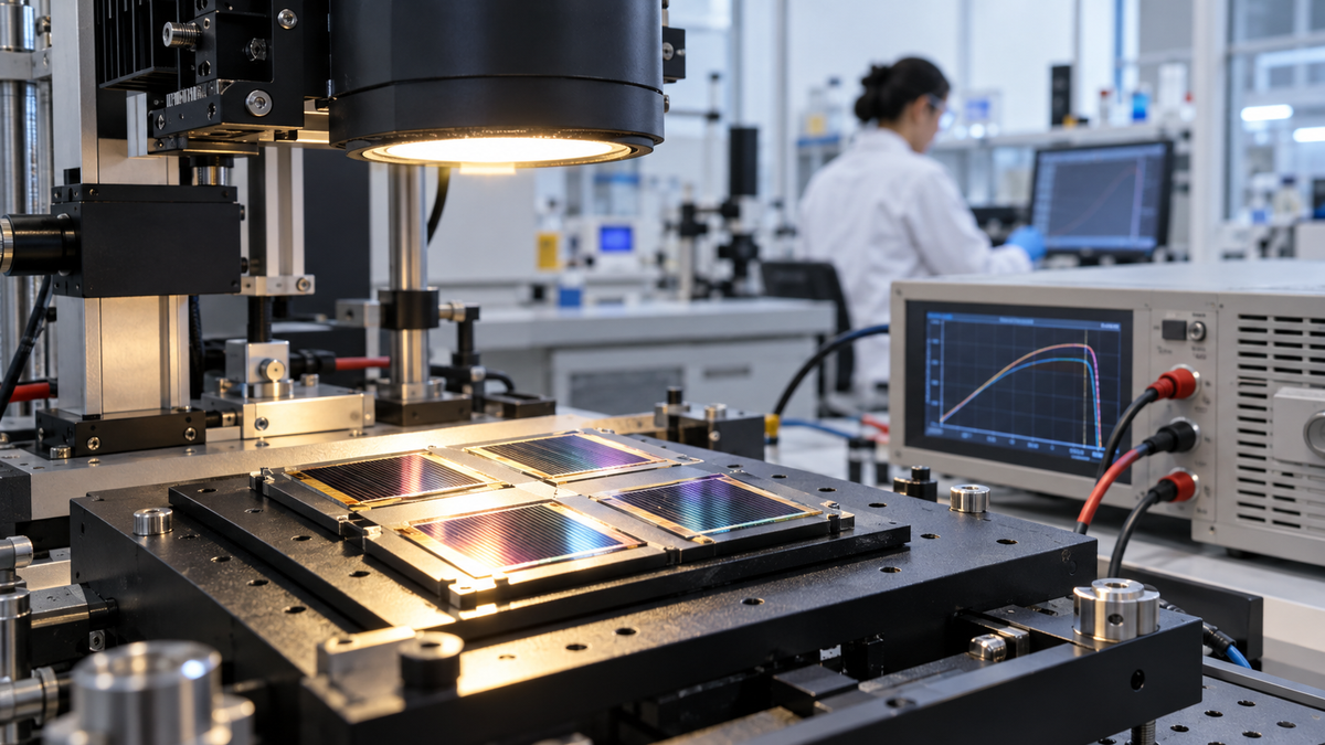 A researcher examines a small tandem solar device in a materials laboratory.