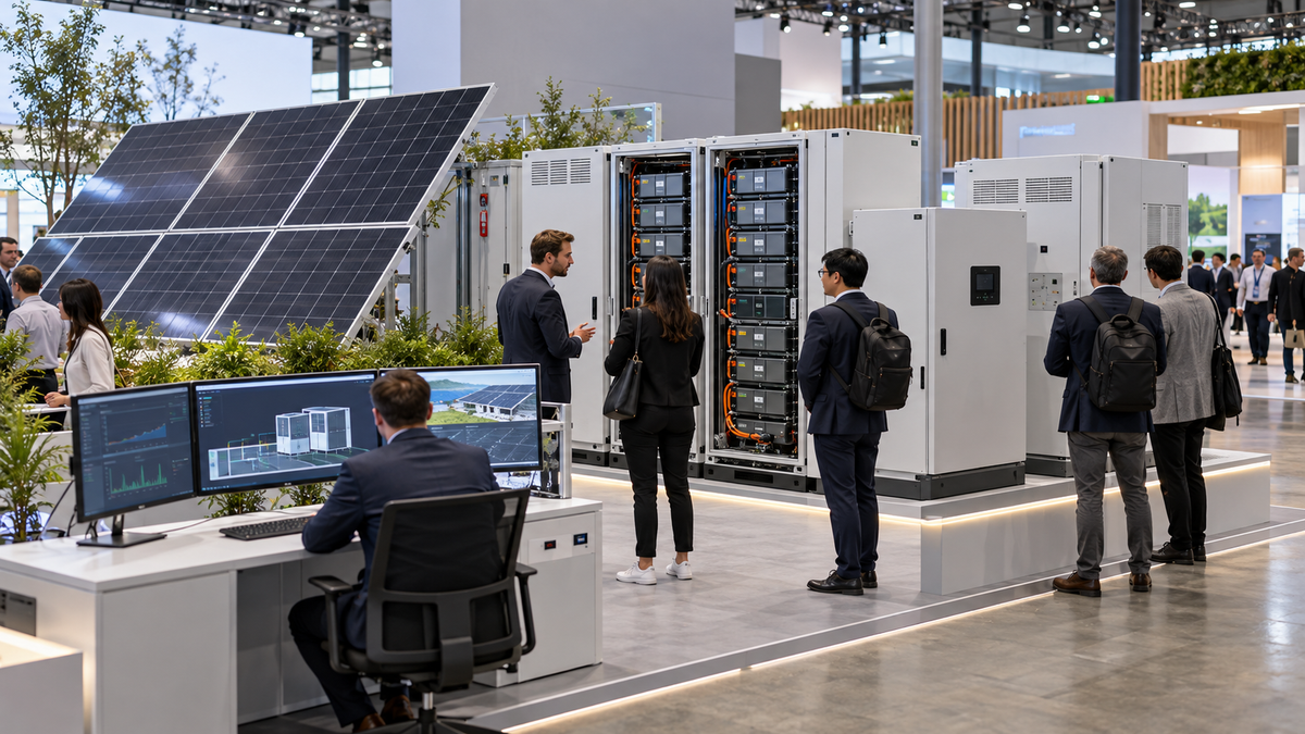 A renewable energy exhibition space with photovoltaic modules, storage equipment and digital controls.