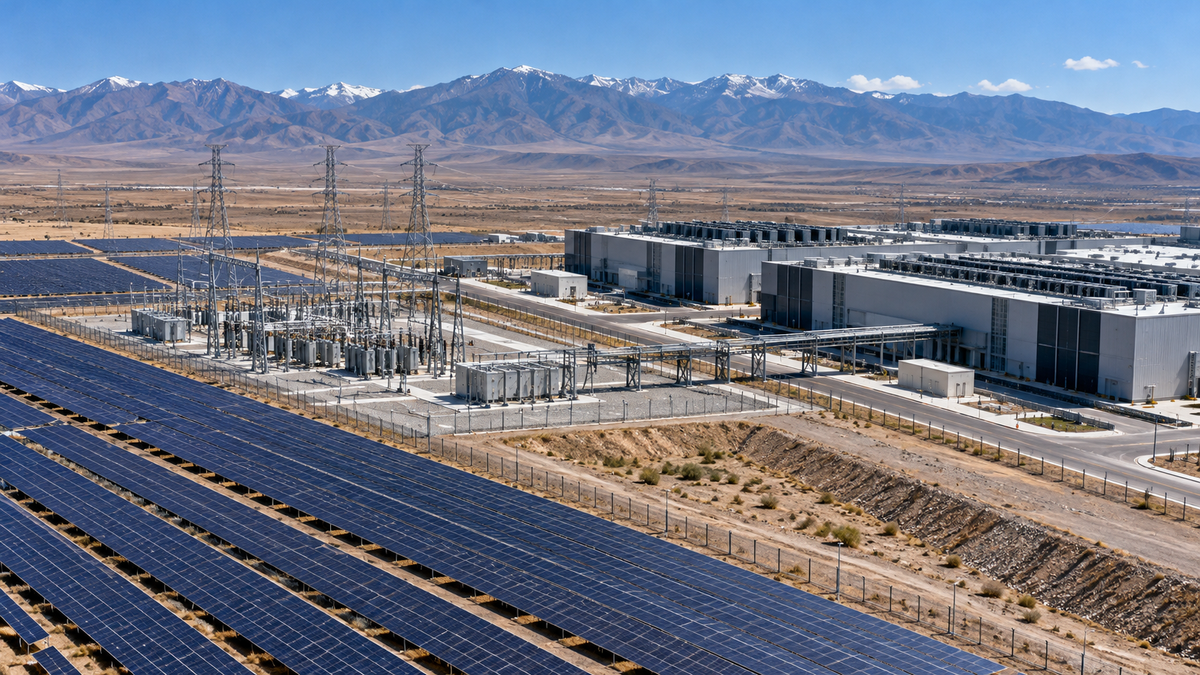 A solar field and a modern data centre are shown as connected infrastructure.