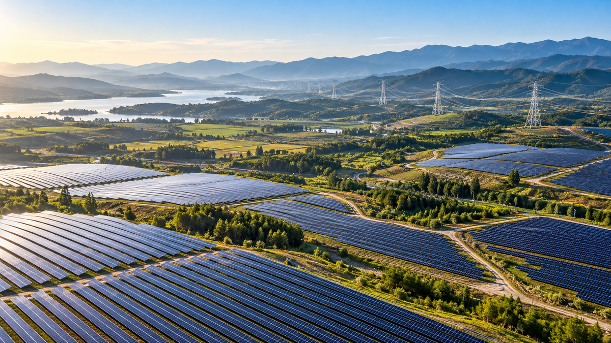 Aerial view of non-specific photovoltaic developments across a broad landscape.