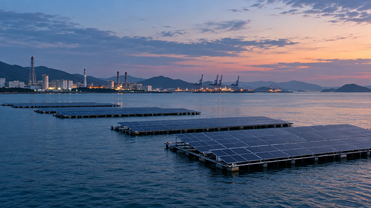 Non-specific offshore photovoltaic rows near a coastal industrial shoreline at dusk.