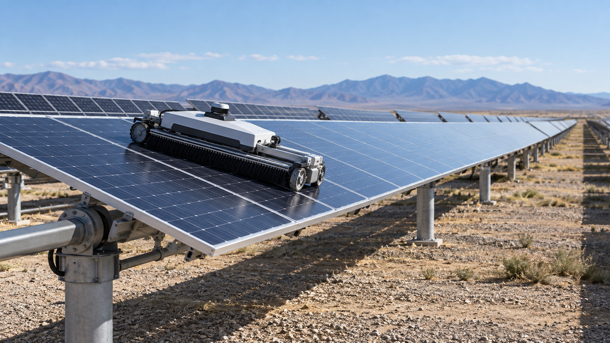 An unbranded autonomous cleaning robot positioned on a row of utility-scale PV tracker modules.
