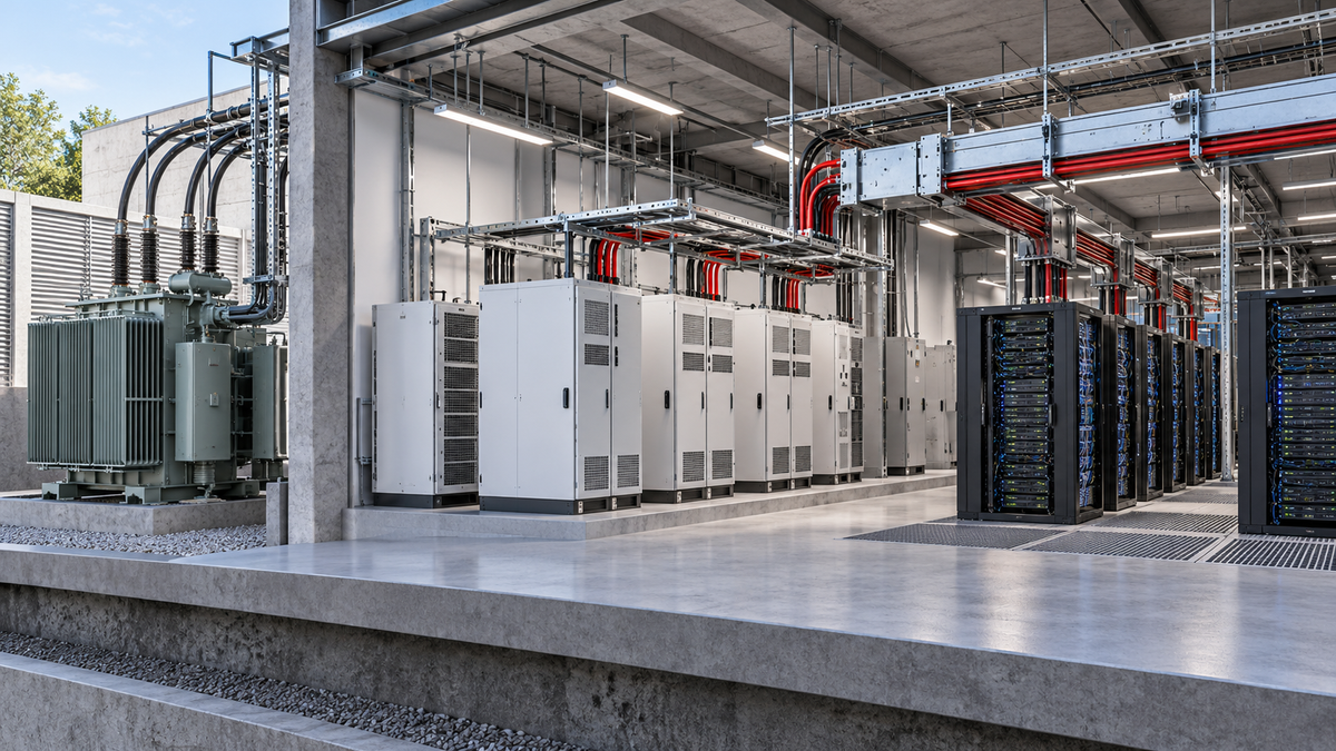 Data-centre power architecture with utility transformer, conversion cabinets, DC busway and server racks