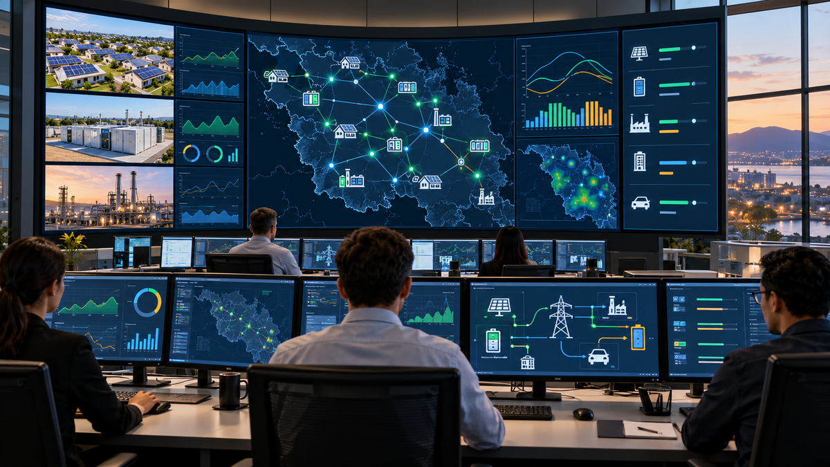 Virtual power plant control room coordinating distributed solar, battery storage and industrial flexible loads