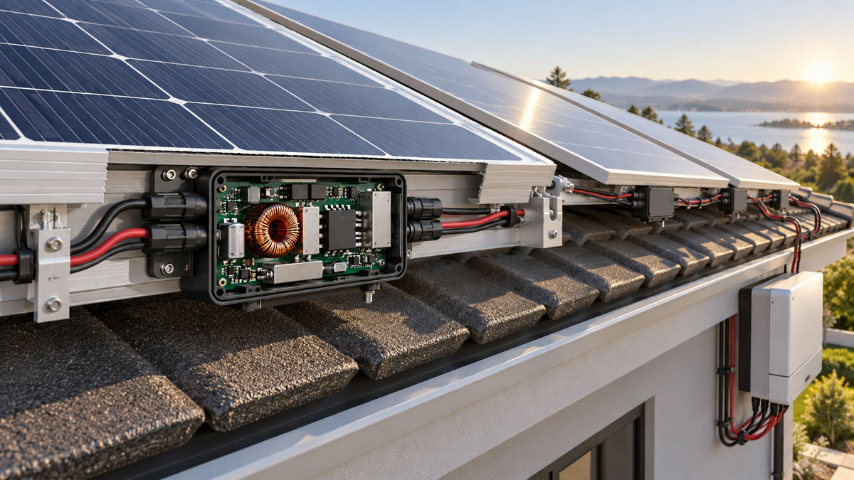 Photovoltaic modules connected to a separate DC/DC optimizer enclosure with its power electronics visible