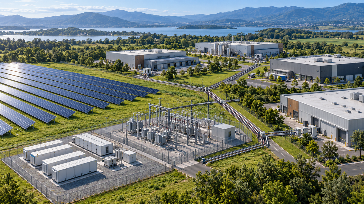 Industrial campus with shared renewable generation, a central substation and separate metering points for multiple users