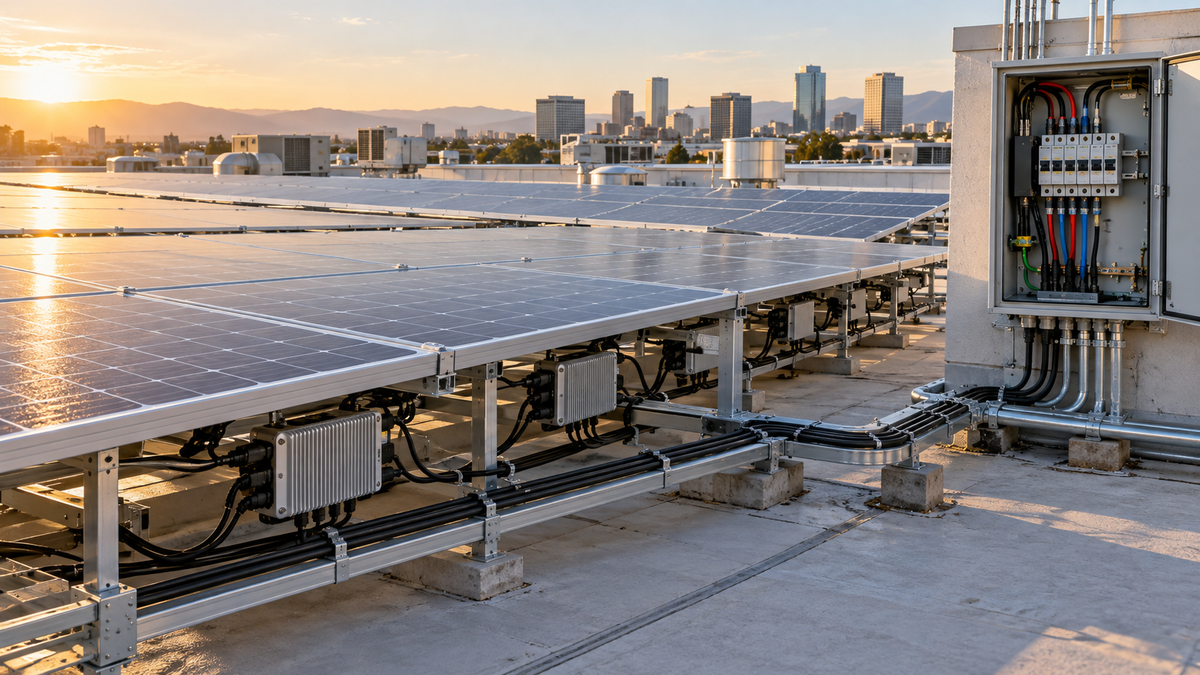 Commercial rooftop solar array with module-level microinverters connected to a three-phase AC panel