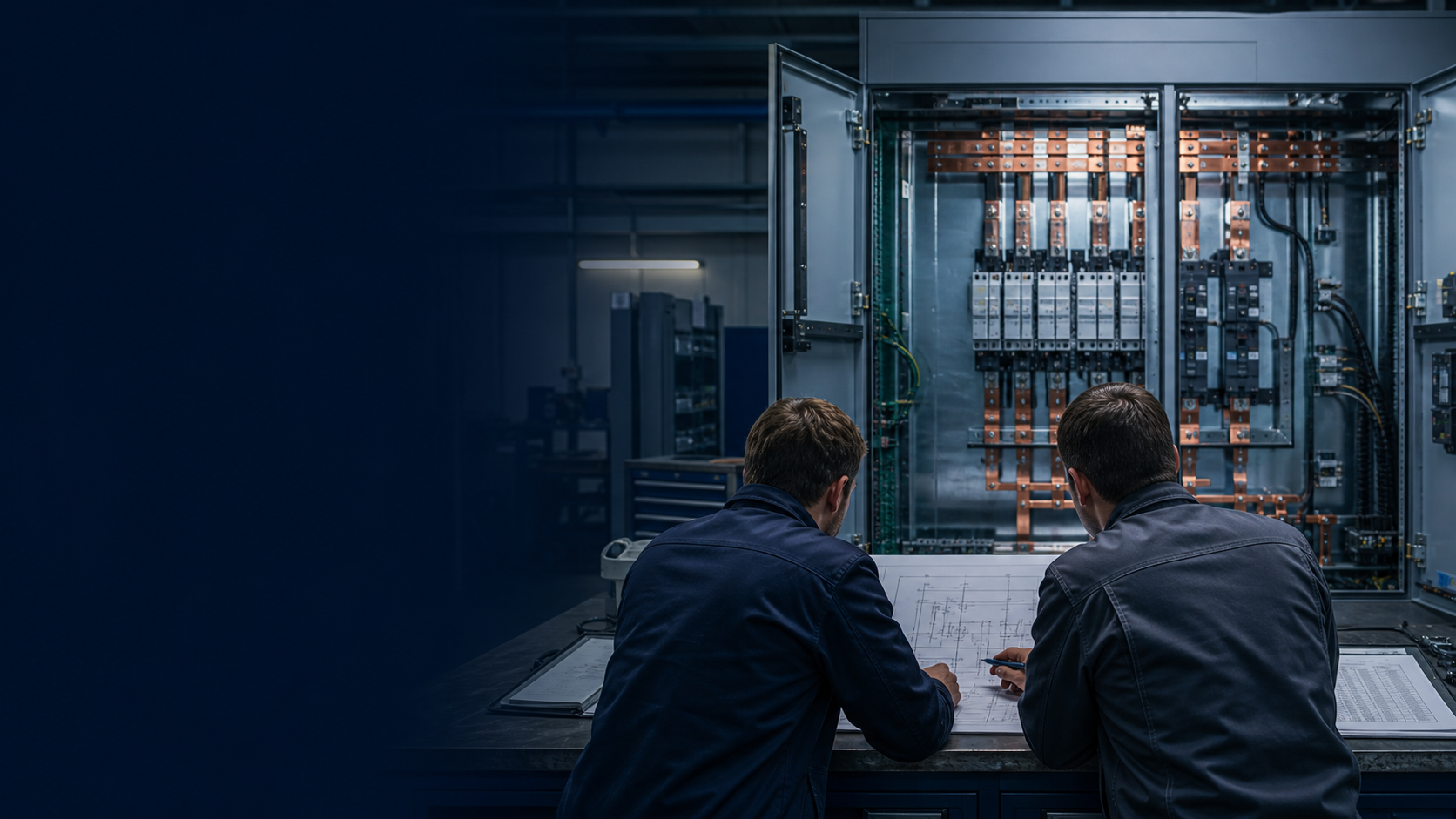 Electrical engineers reviewing a single-line diagram in front of an open low-voltage switchgear cabinet