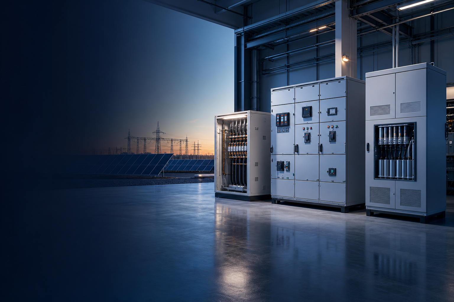 Low-voltage switchgear, solar PV connection equipment and power-quality cabinets in an industrial electrical facility