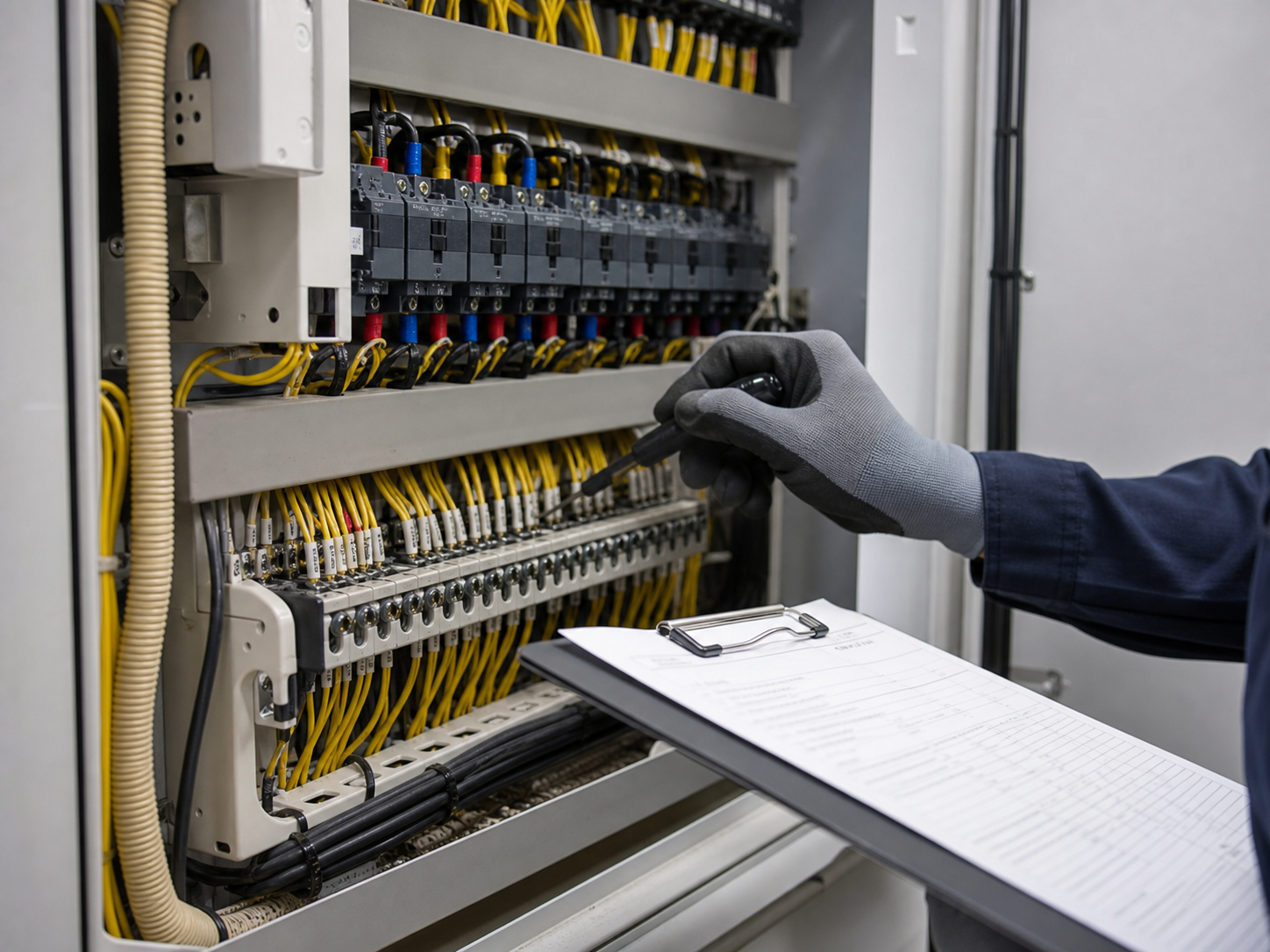 Technician checking an electrical cabinet assembly against an inspection checklist
