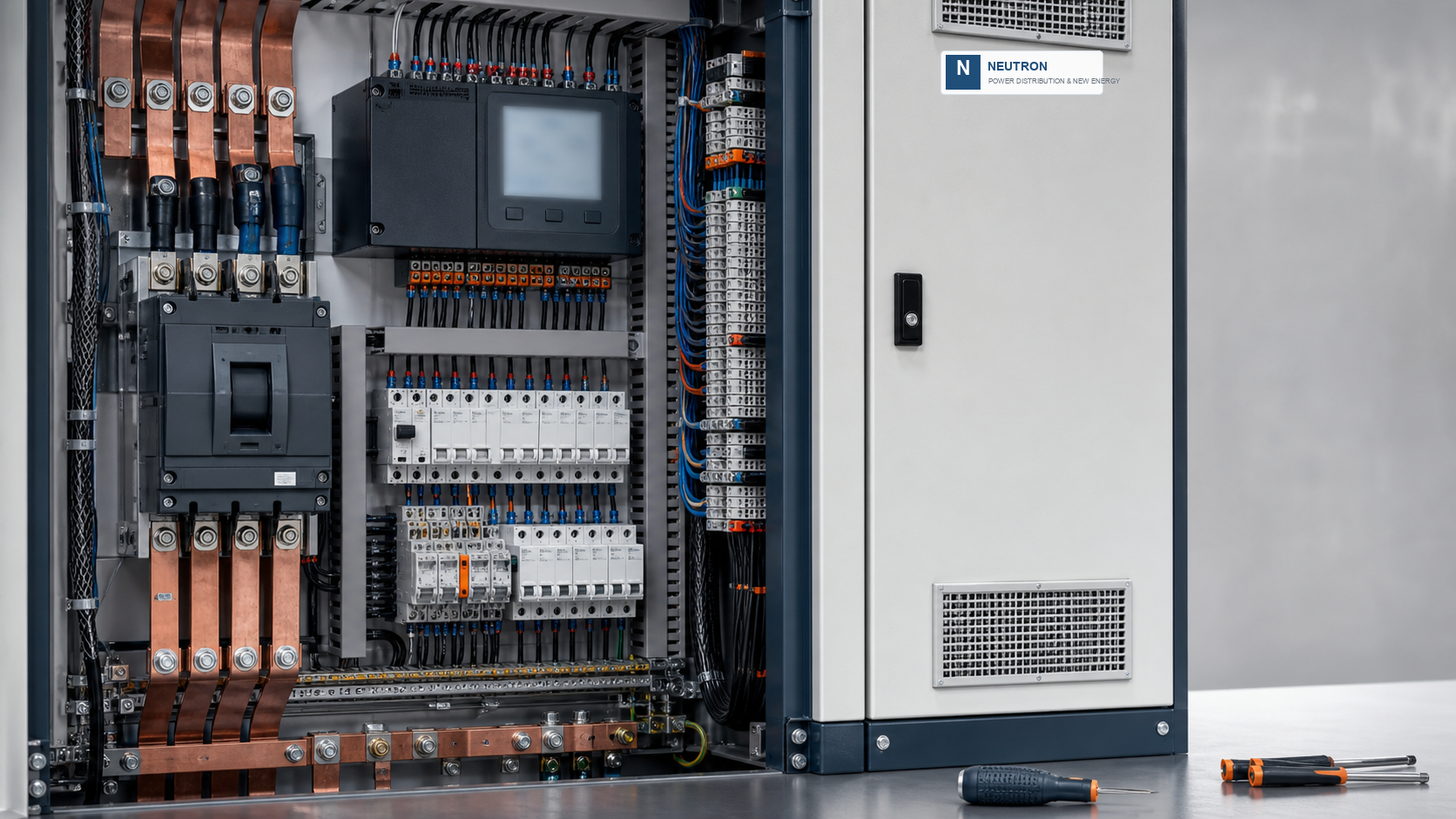 Electrical cabinet interior with copper busbars and organized wiring