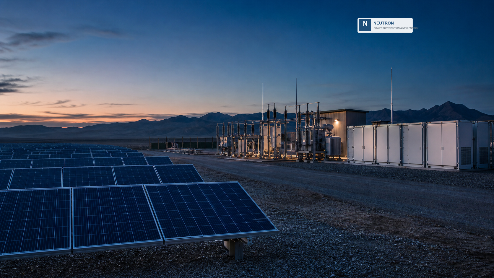 Solar, substation and battery energy-storage infrastructure scene