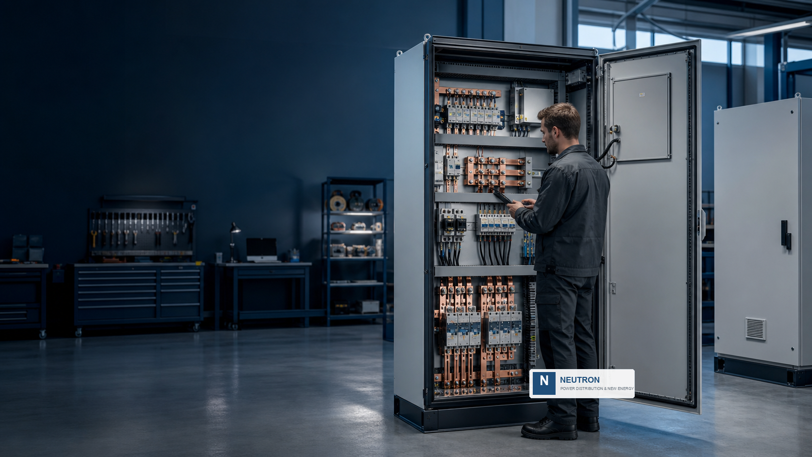 Engineering review scene with an open electrical control cabinet