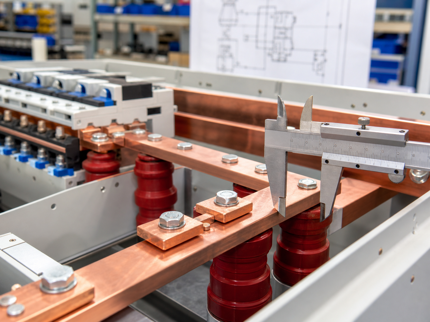 Copper busbar assembly checked against a technical drawing