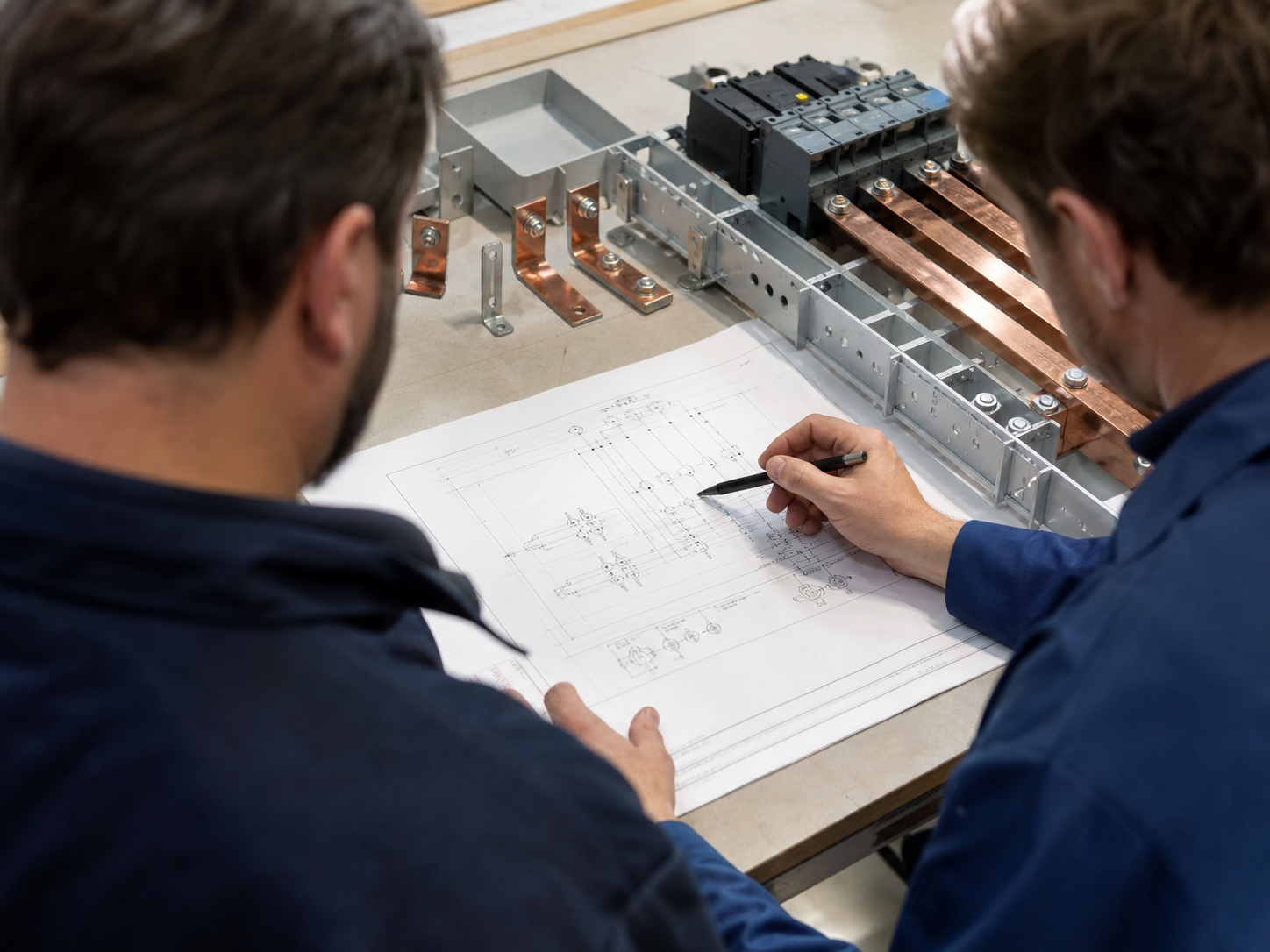 Engineers reviewing busbar connection points and assembly scope